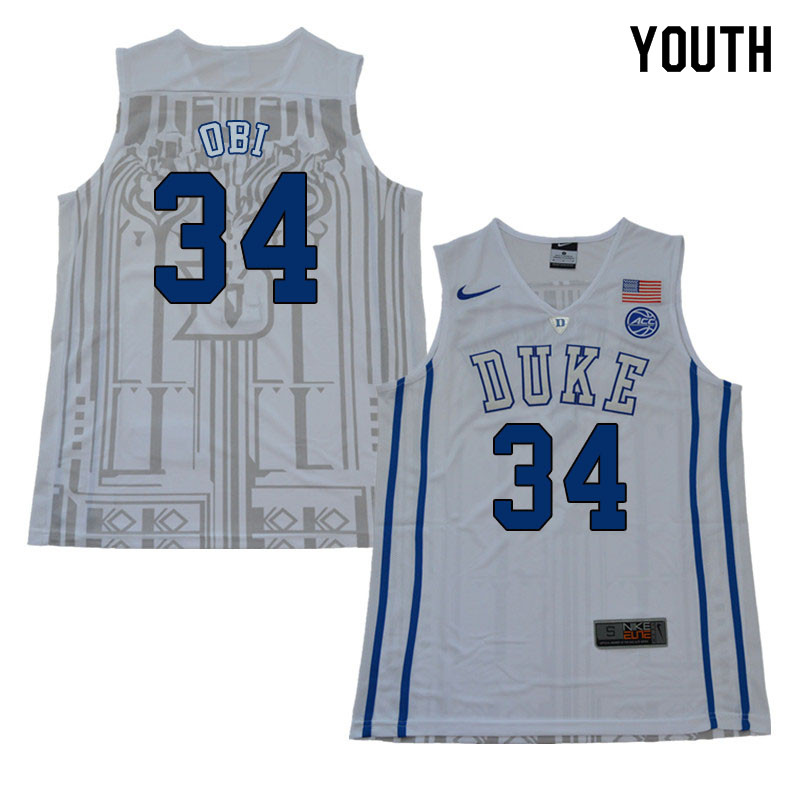 2018 Youth #34 Sean Obi Duke Blue Devils College Basketball Jerseys Sale-White - Click Image to Close